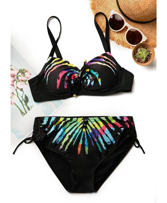 Printed Drawstring Side Spaghetti Strap Black Bikini Set
